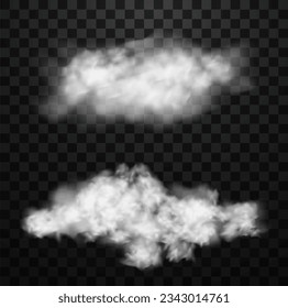 White realistic fluffy clouds or fog or smoke on transparent background