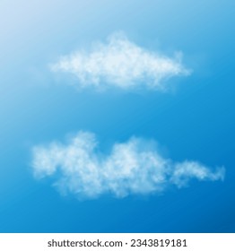 White realistic fluffy clouds or fog or smoke on blue sky