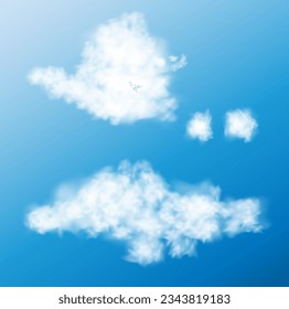 White realistic fluffy clouds or fog or smoke on blue sky