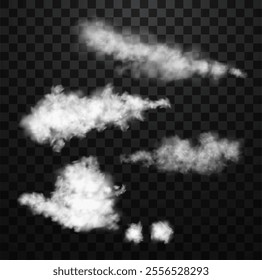 White realistic fluffy clouds or fog or smoke on transparent background