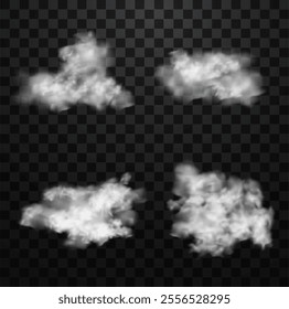 White realistic fluffy clouds or fog or smoke on transparent background