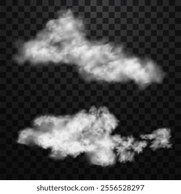 White realistic fluffy clouds or fog or smoke on transparent background