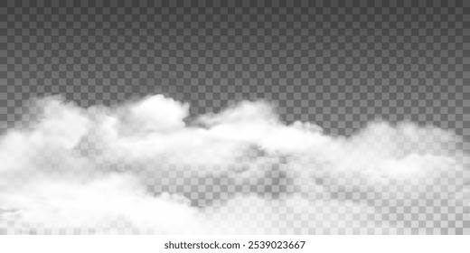 White realistic fog, smog transparent special effect. Steam cloud, mist on dark transparent background.Vector illustration