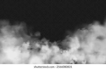 White realistic fog or smoke wave, winter mist, fire steam pattern, cigarette or chimney fume, sky cloud silhouette, explosion smog, weather element and nature air effect on transparent background.