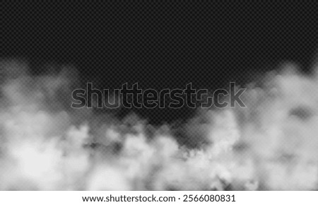 White realistic fog or smoke wave, winter mist, fire steam pattern, cigarette or chimney fume, sky cloud silhouette, explosion smog, weather element and nature air effect on transparent background.