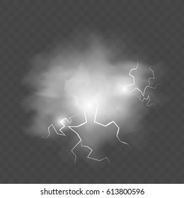 White realistic fog storm cloud and lightning. Glitter smoke light thunderstorm effect isolated on transparent background. Vector smog illustration. Smooth flow template.