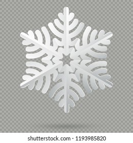 White realistic folded paper Christmas snowflake with shadow isolated on transparent background. EPS 10