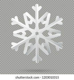 White realistic folded paper Christmas snowflake with shadow isolated on transparent background. EPS 10