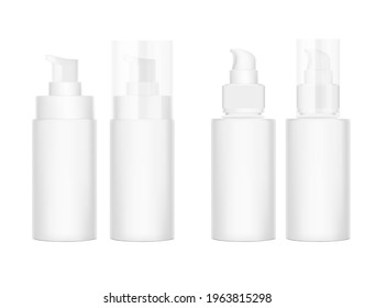 White realistic glossy cosmetic bottle set isolated on white background. Can be used for cosmetic, medical, gels, creams, shampoo and pastes. Face, side and back view. Vector illustration. EPS10.