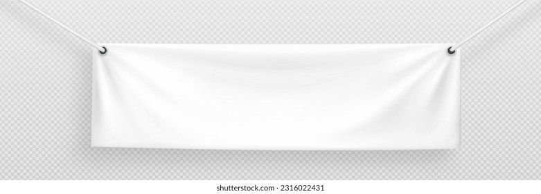 White realistic hang blank fabric horizontal canvas banner sign vector on rope for advertising. 3d empty textile material poster mockup set isolated on transparent background. Hanging cloth signboard