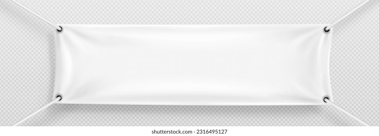 White realistic hang blank fabric horizontal canvas banner sign vector on rope for advertising. 3d empty textile material poster mockup set isolated on transparent background. Hanging cloth signboard