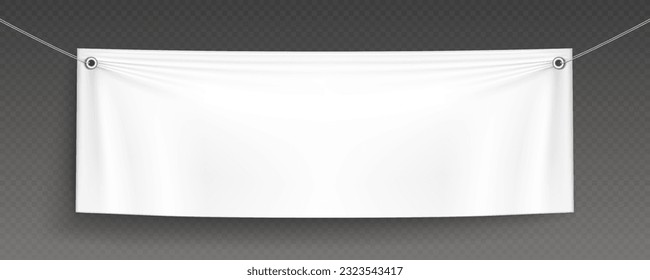 White realistic hang blank fabric horizontal canvas banner sign vector on rope for advertising. 3d empty textile material poster mockup set isolated on transparent background. Hanging cloth signboard