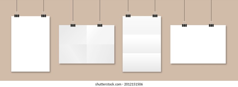 White Realistic hanging blank paper sheet with shadow in A4 format and black paper clip, binder on grey background. Design poster, template or mockup. Vector illustration eps 10