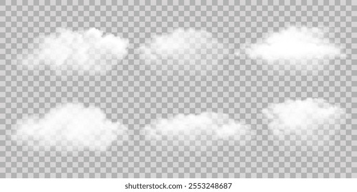 Vapor aislado realista blanco o nube sobre fondo transparente. Conjunto de estilo 3D de Vector