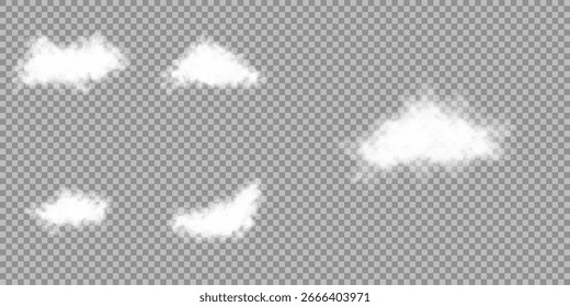 White realistic isolated steam or cloud on transparent background.Vector 3D style set. Cloud png. Smoke png. Cloud, smoke, png. Vector realistic cloud, smoke or fog on isolated transparent background.