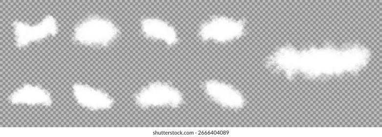 White realistic isolated steam or cloud on transparent background.Vector 3D style set. Cloud, nature sky or food smoke symbol. Set of vector clouds, fog or smoke on an isolated transparent background.