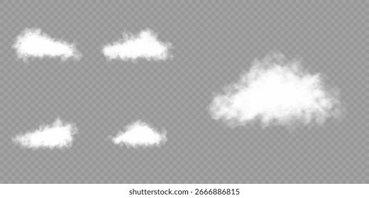 Vapor aislado realista blanco o nube sobre fondo transparente. Conjunto de estilo 3D de Vector. Nube png. Smoke png. Nube, humo, ping. Vector nube realista, humo o niebla sobre fondo transparente aislado.