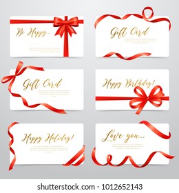 White realistic labels stickers set with luxury gold font letters and red satin ribbon isolated vector illustration   