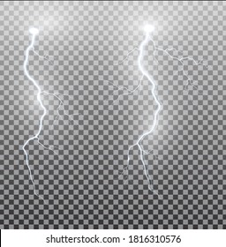 White realistic lightning. Thunder spark light on transparent background. Illuminated realistic path of thunder and many sparks. Bright curved line