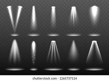 White realistic lights. Shining spotlight projection bright lightning stage vector environment visualization