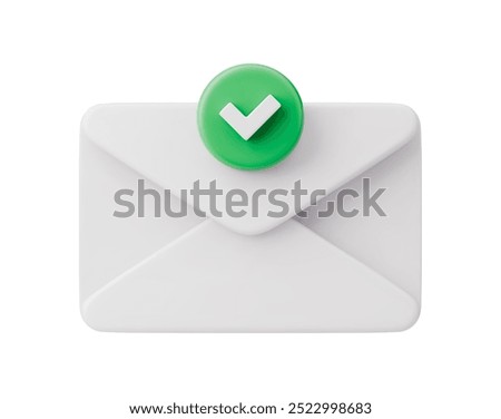 White realistic mail with check mark. Green tick in envelope. Realistic 3D verified letter. Notification, communication icon. Isolated message on a white background.