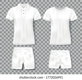 White realistic male polo shirt and sport shorts design template. Set of t-shirts, men classic polo mockup isolated. Vector illustration