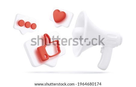 White realistic megaphone and 3d flying thumb up, heart and chat icons isolated on white background. Social media and digital marketing. Vector illustration