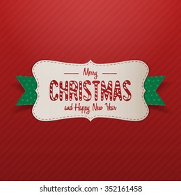 White realistic Merry Christmas Label with green Ribbon on red striped Background. Vector Element for Your Design