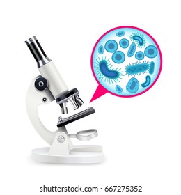 White Realistic Microscope Composition With Scientific Instrument And Multiply Magnified Cells Vector Illustration