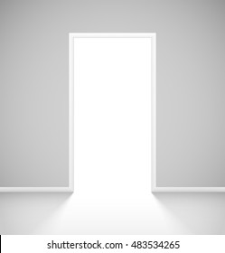 White realistic open door with light in empty room interior. Vector illustration