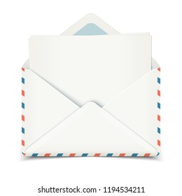 White realistic open envelope with blank paper for message template, vector illustration