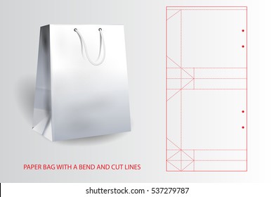 White realistic paper bag with a bend and cut lines.
