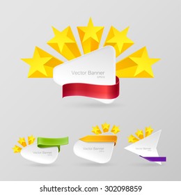 White realistic paper banner set. Decorated with color ribbons & stars. Isolated on a gray background. With space for text. Vector illustration.