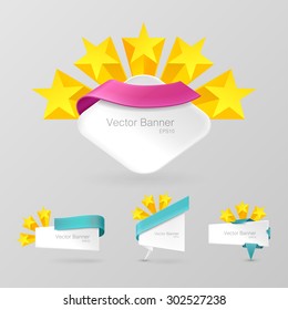 White realistic paper banner set. Decorated with color ribbons & stars. Isolated on a gray background. With space for text. Vector illustration.