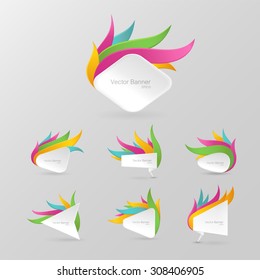 White realistic paper banner set. Decorated with color ribbons. Isolated on a gray background. With space for text. Vector illustration.