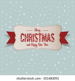 White realistic paper Merry Christmas Banner with red Ribbon on Snowflakes Background. Vector Element for Your Design