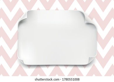 White realistic paper sheet with curved corners and soft shadow on zig-zag background. Vector illustration. Paper frame for text