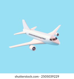 The white realistic passenger plane, 3D. For concepts of commercial passenger transportation, travel, business trips, and delivery of goods. The banner is on a blue background. Vector