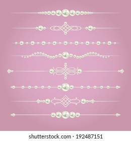 white realistic pearl  dividers set collection isolated on purple pink background. vector illustration. design elements and page decor  