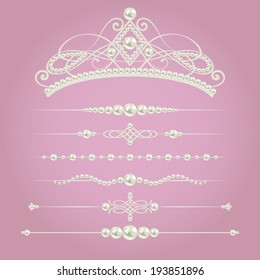 white realistic pearl dividers set collection with diadem  isolated on purple pink background. vector illustration. design elements and page decor 