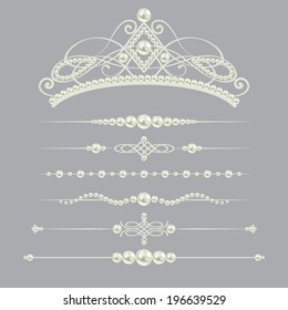 white realistic pearl dividers set collection with diadem isolated on grey background. vector illustration. design elements and page decor