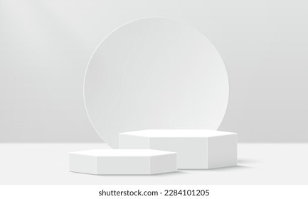 White realistic pedestal podium display. Empty room background. Vector rendering 3d geometric platform for product display presentation. Studio scene illustration.