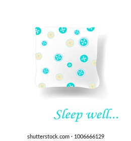 White realistic pillow with funny blue and beige buttons print and text sleep well. Baby nursery bedroom interior decor