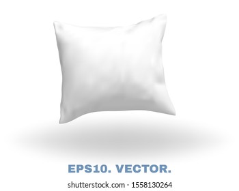White realistic pillow with soft shadow. Comfort bed cushion, blank pillow for rest and sleep. Square 3d mockup isolated on snow white background for template your design. Vector illustration. EPS10.