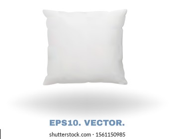 White realistic pillow with soft shadow. Comfort bed cushion, blank pillow for rest and sleep. Square 3d mockup, isolated on snow white background for template your design. Vector illustration. EPS10.
