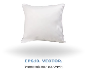 White realistic pillow with soft shadow. Comfort bed cushion, blank pillow for rest and sleep. Square 3d mockup isolated on snow white background for template your design. Vector illustration. EPS10.