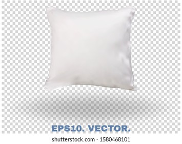 White realistic pillow with soft shadow. Comfort bed cushion, blank pillow for rest and sleep. Square 3d mockup isolated on snow white background for template your design. Vector illustration. EPS10.