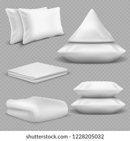 White realistic pillows and blankets isolated on transparent background