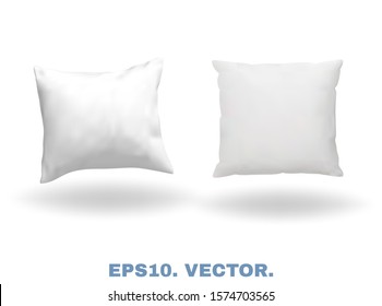 White realistic pillows with soft shadows. Comfort bed cushions, blank pillows for rest and sleep. Square 3d mockups isolated on white background for template your design. Vector illustrations set.