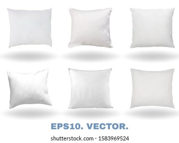White realistic pillows with soft shadows. Comfort bed cushions, blank pillows for rest and sleep. Square 3d mockups isolated on white background for template your design. Vector illustrations set.